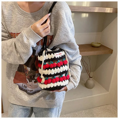 Handmade Woven Cherry Woolen Bag Fresh Fruit Woven Bag Crochet Knitted Bag Leisure String Shoulder Crossbody Bag 2024 New