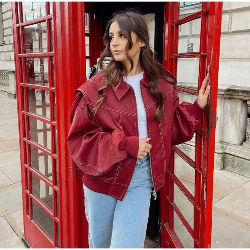 Chaquetas bomber de cuero con cremallera para mujer, abrigos casuales a rayas, elegantes, con solapa, holgadas, de manga larga, para motocicleta, otoño 2024