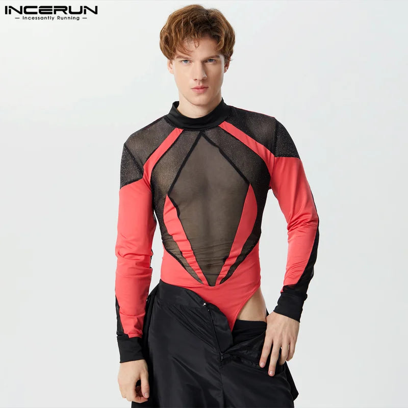 2024 Hommes Body Maille Patchwork Col Roulé À Manches Longues Mode Hommes Barboteuses Streetwear Brillant Sexy Transparent Bodys INCERUN