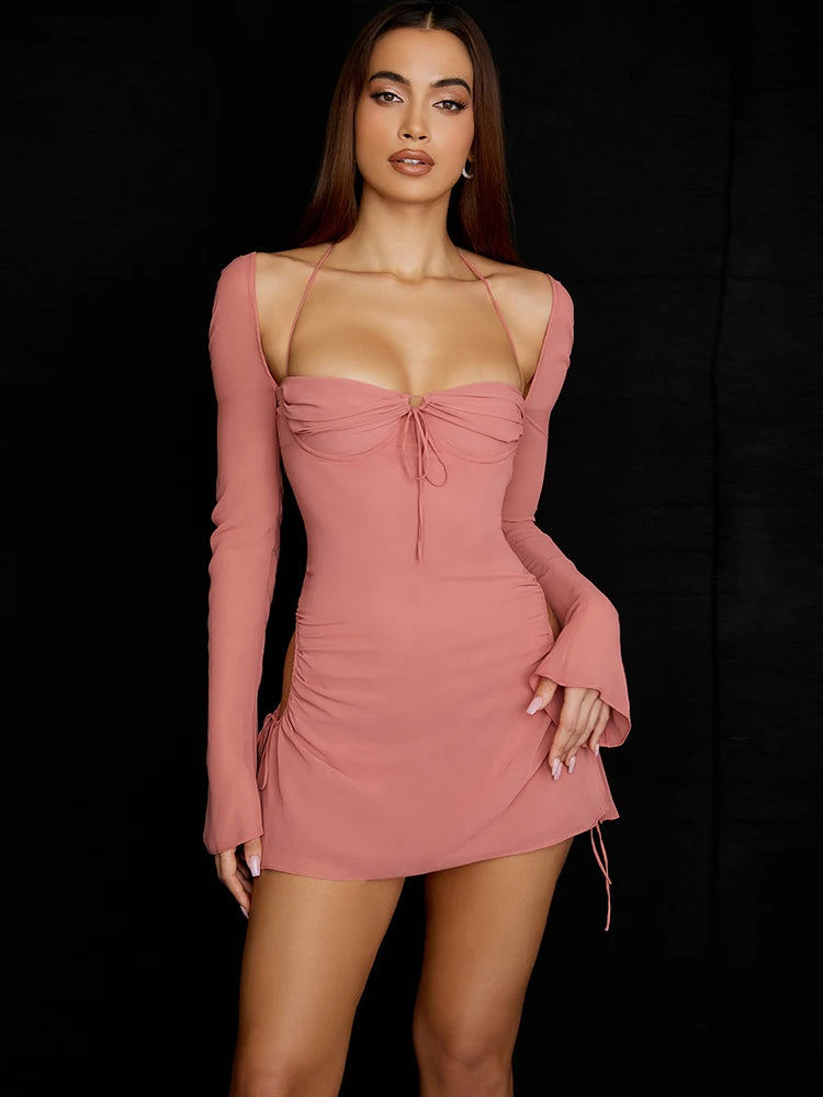 2022 New Summer Long Sleeve Bodycon Dress Square Collar Mini Mesh Dress Lovely Birthday Party Pink Outfits Dropshipping