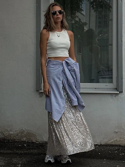 Suninheart Summer Elegant Midi Sequins Women Skirt 2023 Casual Skirts Long Fashion Women Clothing Streetwear Classic Skirt