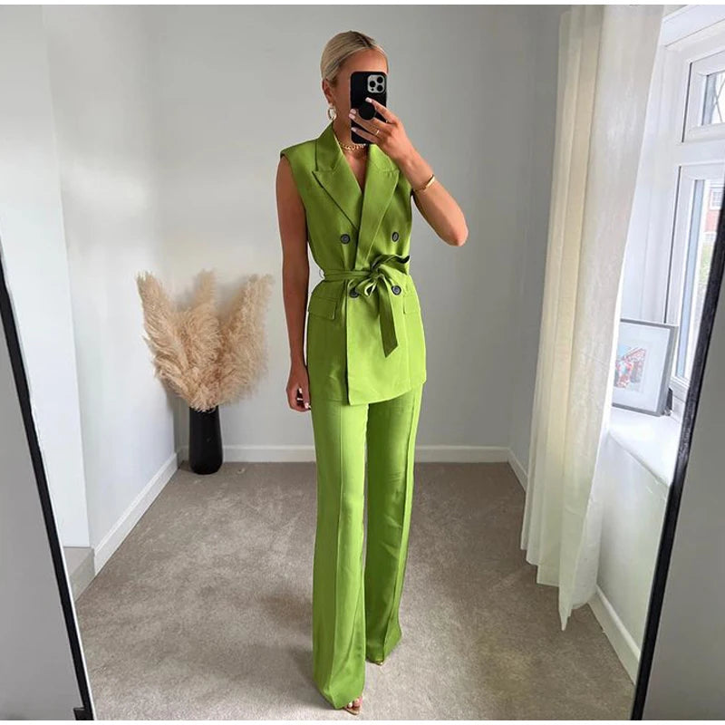 Women Fashion Trousers Two Piece Sets Casual Loose Sleeveless Vest Coat Wide Leg Pants Suits 2023 Spring Commuter Office Set