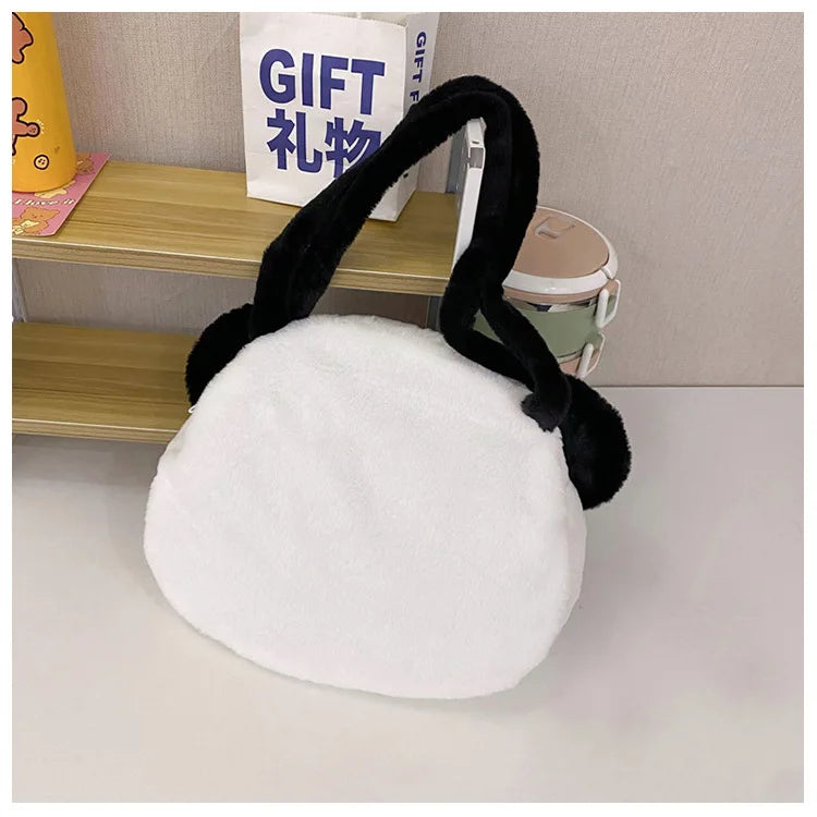 Bolsos de hombro de peluche para adolescentes, diseño kawaii, con forma de cabeza de panda, elegantes y suaves, para compras, portátiles