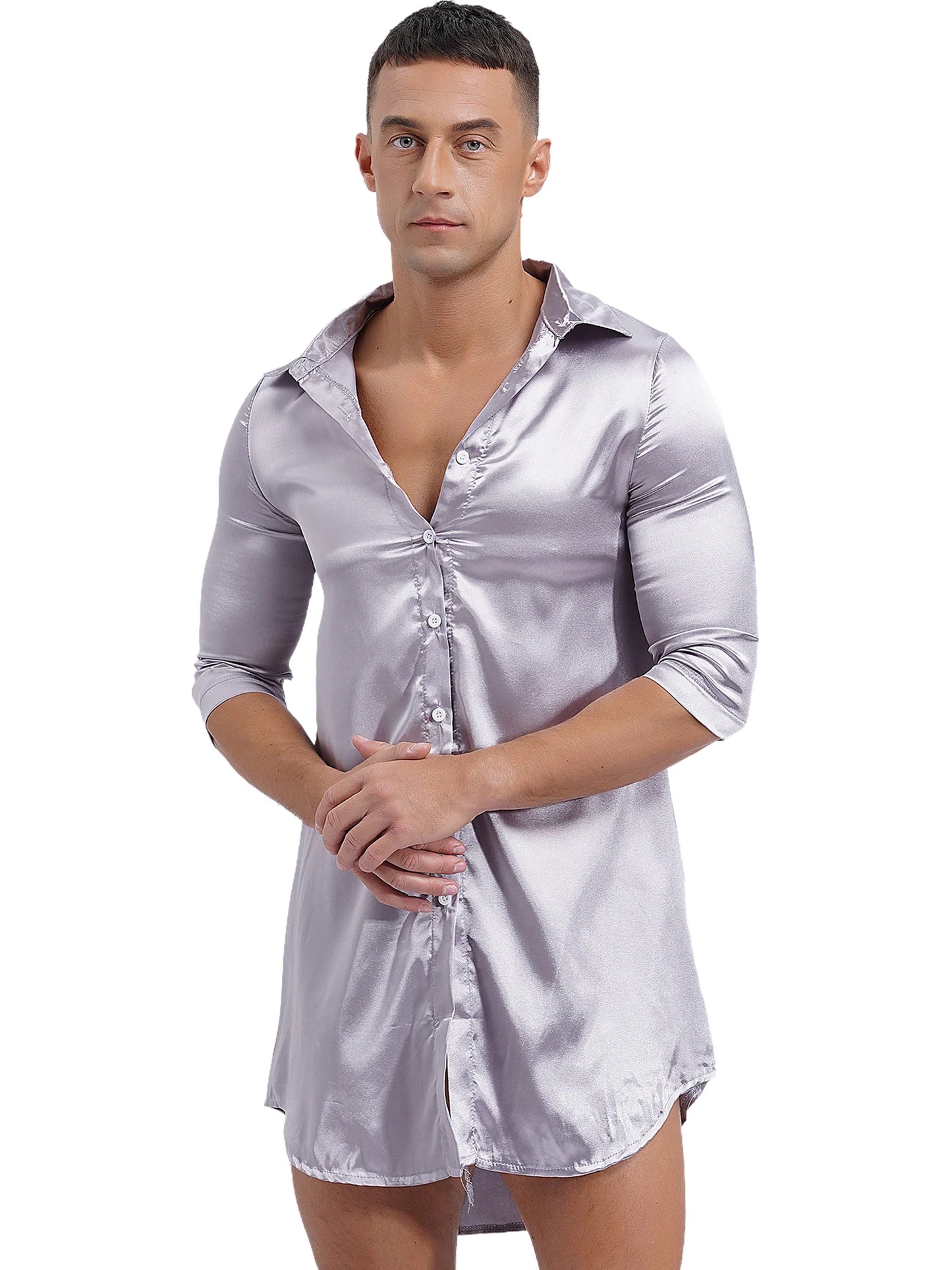 Chemise en satin de soie pour homme Sissy, couleur unie, longue robe portefeuille, peignoir, kimono, chemise de nuit, pyjama, vêtements de nuit, vêtements de détente