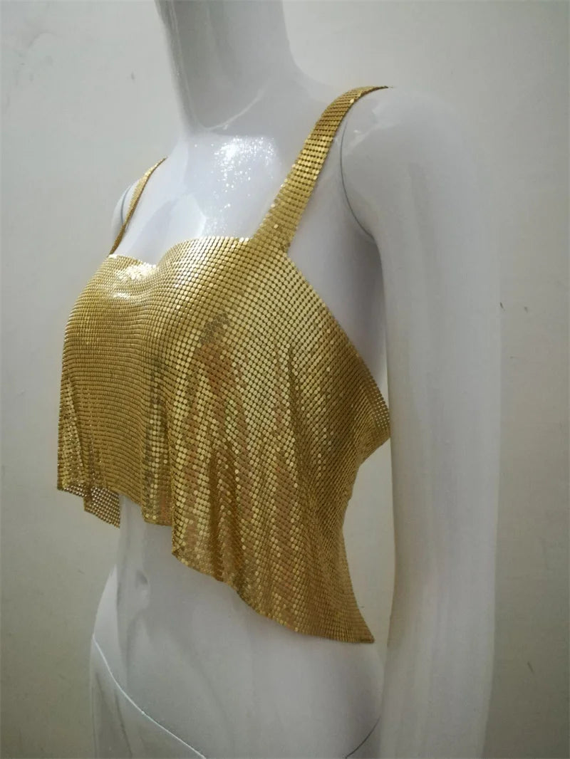 Camisoles à paillettes métalliques pour femmes, hauts courts sexy à dos nu avec chaîne, tenue de soirée, de danse, de club, froncé, col rond, streetwear