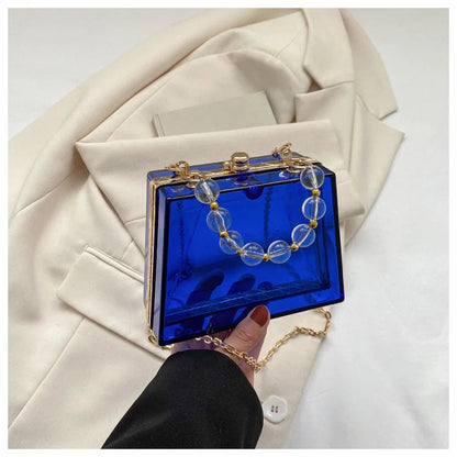 Summer Transparent Box Bag Female Small Pearl Handle Clear Shoulder Bag Chain Acrylic Dinner Bag