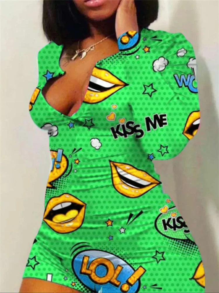 Sexy Women V-neck Bodycon Sleepwear Jumpsuit Bodysuit Shorts Romper Bodysuit Leotard Button Bodysuit 2020 Print Long Sleeve Lips