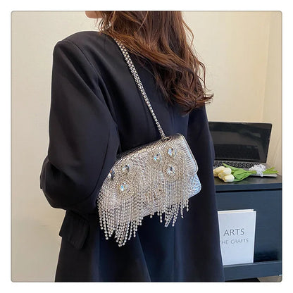 Evening Small Square Bags for Women 2023 Fashion Diamond Tassel Handbag Leather Chain Luxury Party Sparkle Shoulder Bag Woman