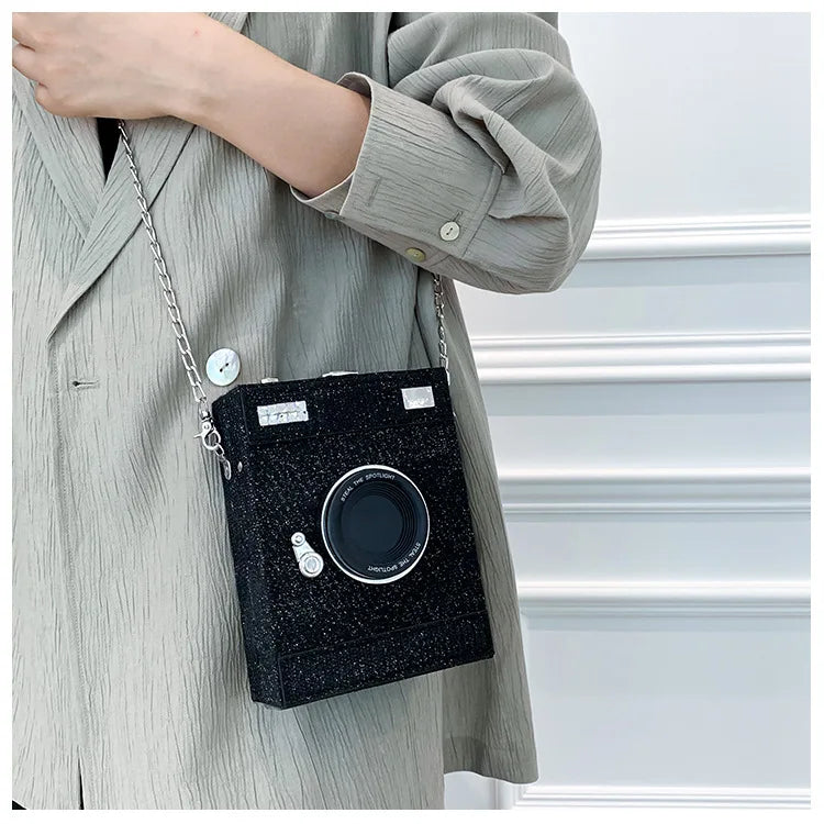 New Camera Shape Shoulder Bag Women Fashion Sequin Box Bag Funny Chain Crossbody Body Bag