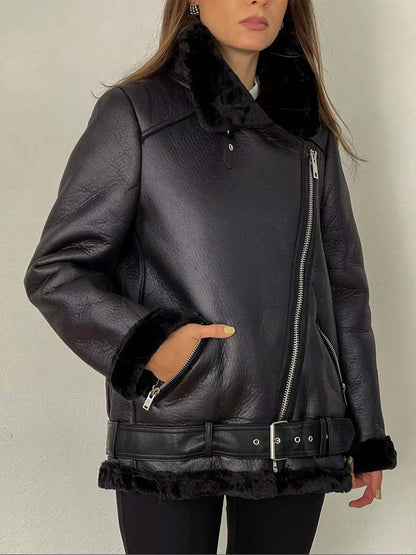 Chaqueta de piel sintética con solapa de Suninheart para mujer, abrigo holgado de manga larga, grueso y cálido, estilo vintage de lana de cordero, estilo locomotora para mujer