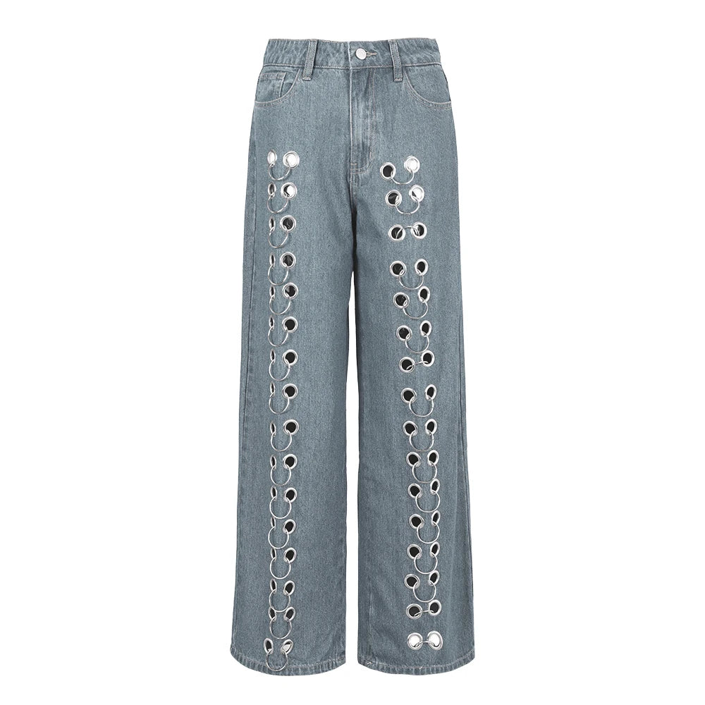 DEAT Fashion Women Denim Pants Loose Low-waisted Metal Hollow Out Floor-length Straight Blue Lady Jeans Spring 2024 New 19F2031