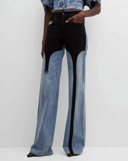 DEAT Fashion Pantalon en jean pour femme taille haute avec coutures contrastées noires et bleues, longueur au sol, jambes larges, automne 2024, nouveau 7AB763