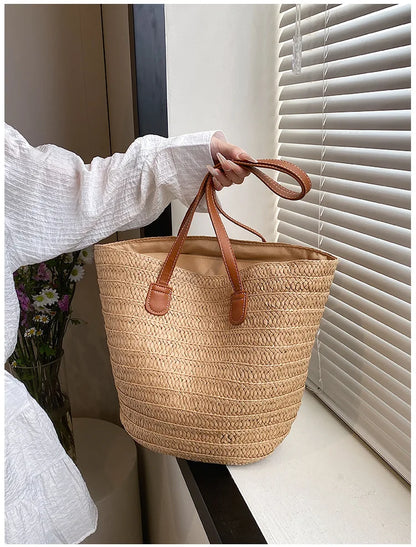 Bolso de paja de gran capacidad informal para mujer, bandolera tejida hecha a mano, sencillo, para playa, para verano, 2024