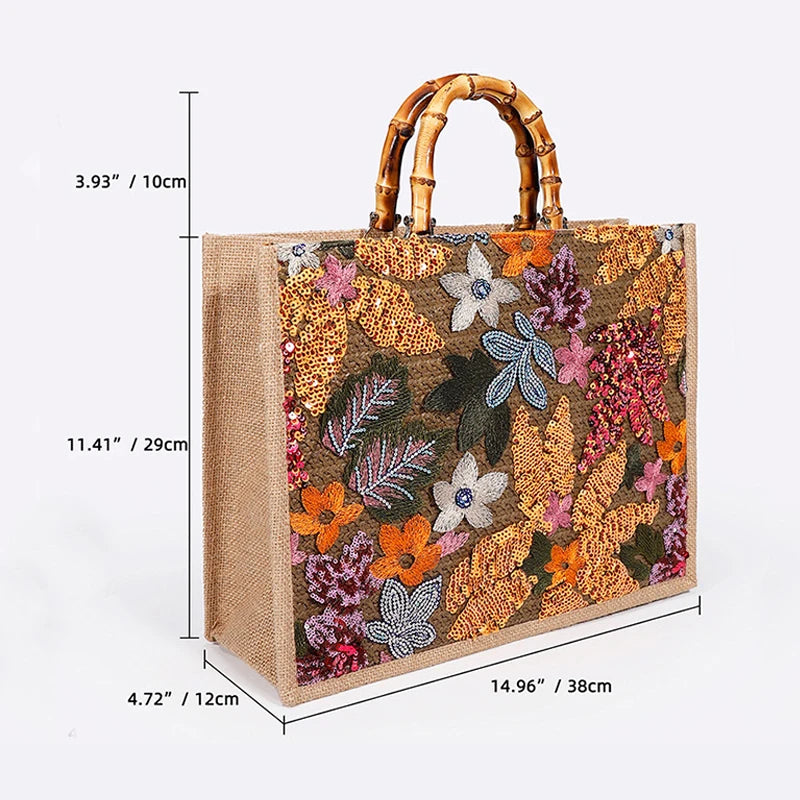 Bolsos de mano grandes con bordado de lentejuelas de moda, bolsos de mano con asa de bambú para mujer, bolsos de playa de verano con flores y paja, bolsos grandes para compras 2024