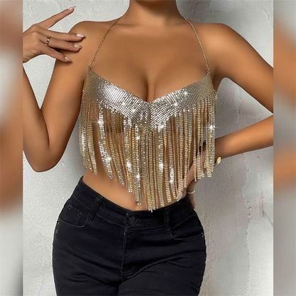 Top corto de fiesta con borlas y lentejuelas metálicas brillantes para mujer, diseño de cuello halter sin espalda, camisetas sin mangas de metal con lentejuelas, ropa de club nocturno