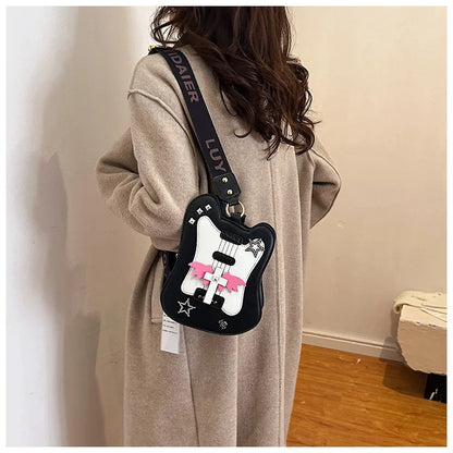 Bolso de hombro para mujer, divertido bolso con forma de violín, moderno bolso cruzado con correa ancha y remaches, bolso de mano de cuero sintético