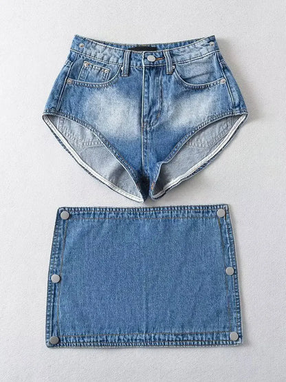 DEAT Fashion Women's Skirt Wasit Button Spliced Two Through Style Solid Color Denim Mini Skirts Female Summer 2024 New 17A9335