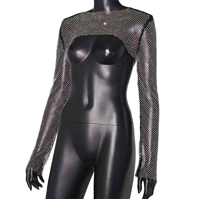 Top corto con diamantes brillantes hecho a mano para mujer, top corto sexy con agujeros, camisetas sin mangas cortas para discoteca, chaleco de tubo negro brillante, top con diamantes