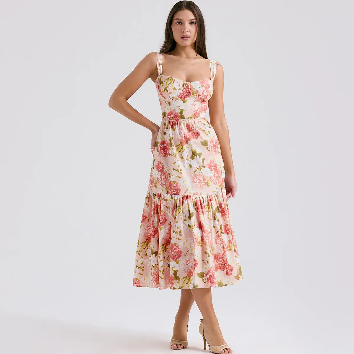 Suninheart Summer Ruffle Hems Elegant Party Dresses 2024 Causal Floral Print Fit and Flare Dress with Pocket Women Midi Dress