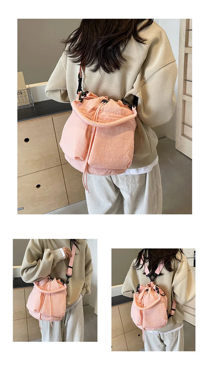 Sac seau décontracté en duvet souple avec cordon de serrage pour femme, sacs à bandoulière rembourrés en nylon léger, sacs à main simples de petite taille, sacs fourre-tout