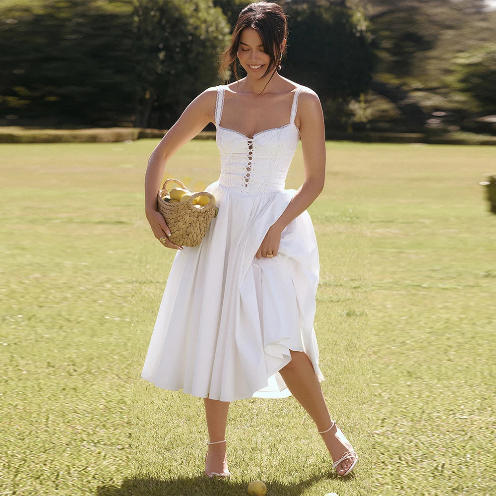 Robe de vacances d'été blanche Suninheart 2024 Robe mi-longue élégante en jacquard à bretelles spaghetti et à lacets Robes de soirée Vêtements pour femmes