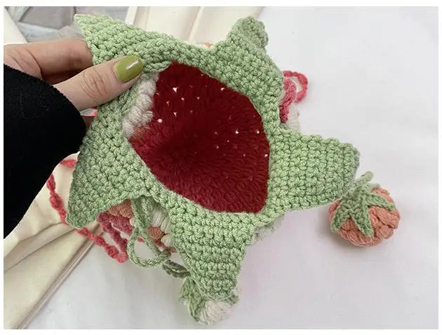 Lindo bolso pequeño de verano tejido con fresas, bolso bandolera pequeño tipo cubo para niñas