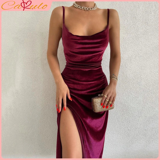 Cakulo Velvet Swing Collar Sleeveless Slip Sexy Slit Maxi Dress 2023 New Fashion Evening Party Women Elegant Streetwear Y2K