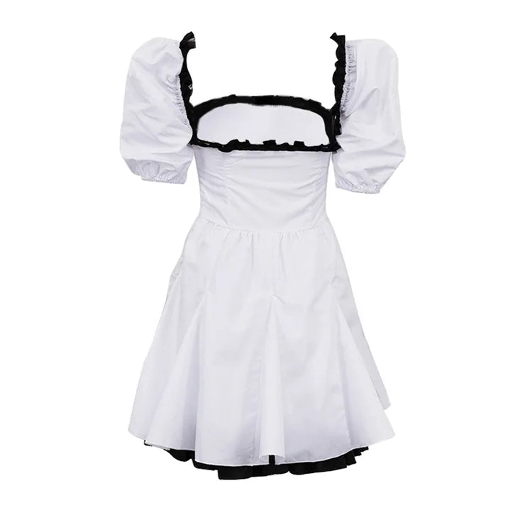 Suninheart Vestido de verano estilo francés con mangas abullonadas, precioso vestido blanco con cuello cuadrado para fiesta de cumpleaños, vestido informal de vacaciones para mujer