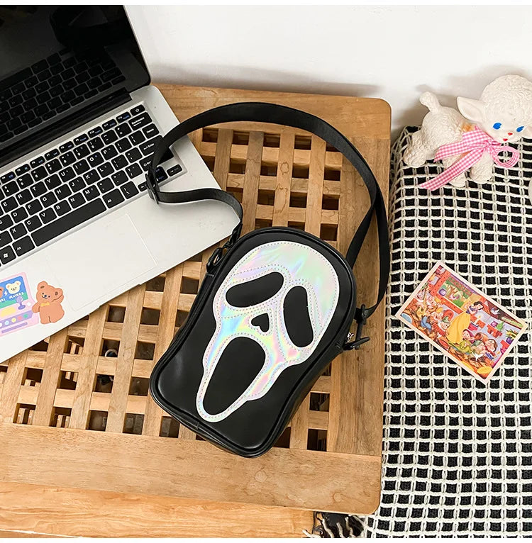 Bolso bandolera para hombre y mujer, estilo coreano, divertido bolso de hombro con calavera fantasma láser, bolso pequeño suave para teléfono móvil