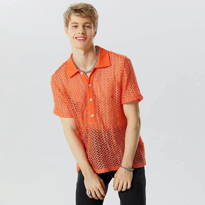 Camisa de moda para hombre, de malla transparente, con solapa hueca, de manga corta, ropa de calle para hombre 2023, camisas sexis de color sólido S-5XL INCERUN