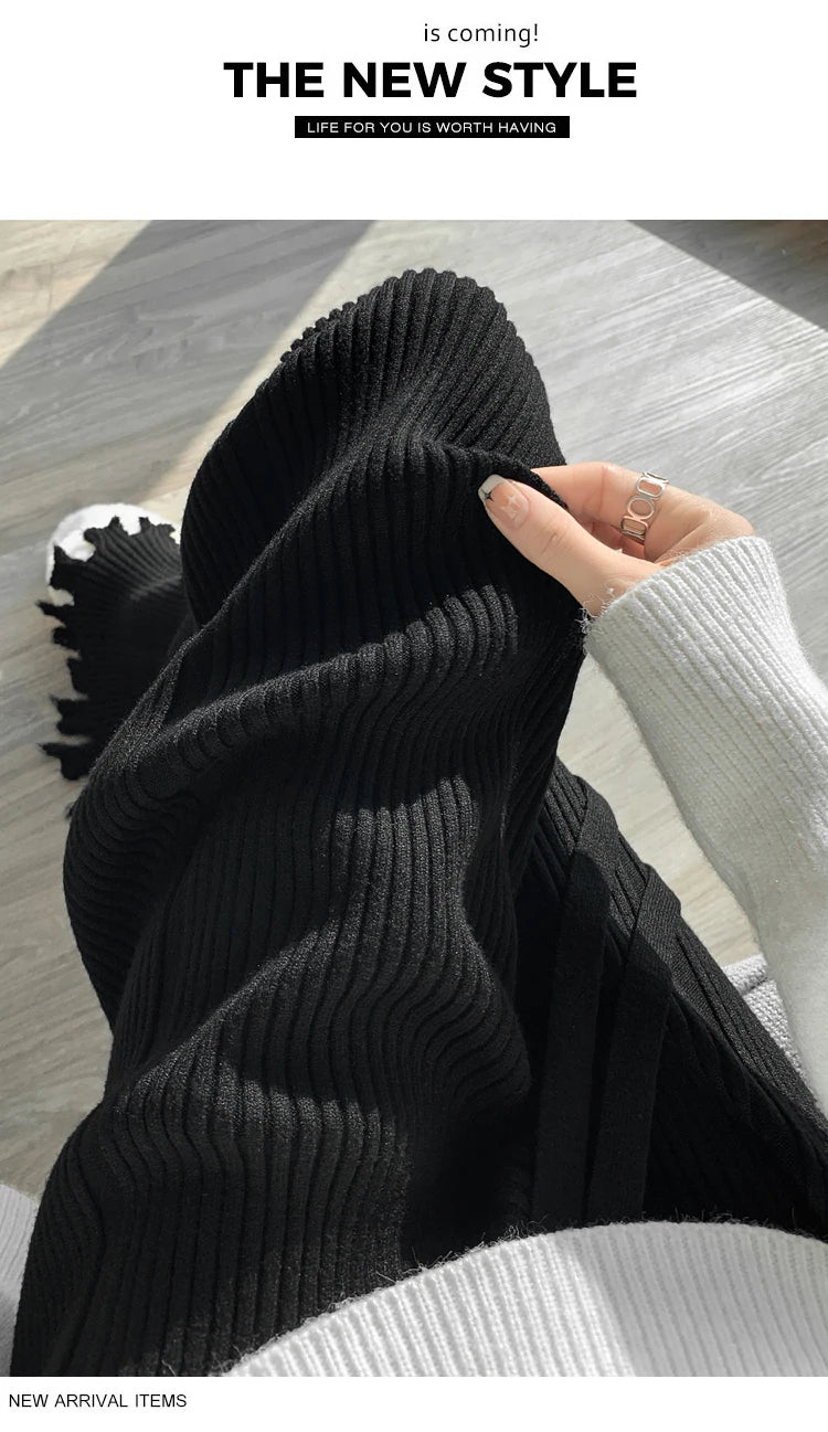 Suninheart Tassels Wide Leg Knitted Pants Women Winter Stripe Loose Trousers Femme Casual Full Length Warm Sweater Pants 2022