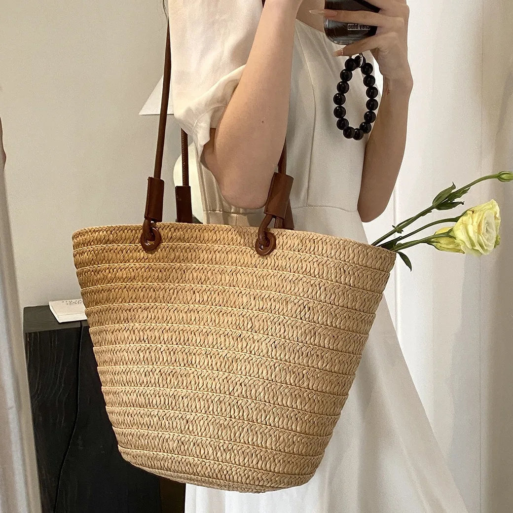 Bolso de paja informal de gran capacidad, hecho a mano, para mujer, para playa, de verano, tipo cesta, estilo Bali