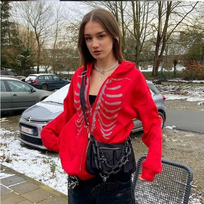 Y2K Rhinestone Skeleton Hoodies Women Gothic Black Zip Up Oversized Sweatshirts Female Retro Harajuku Hooded Jacket Streetwear