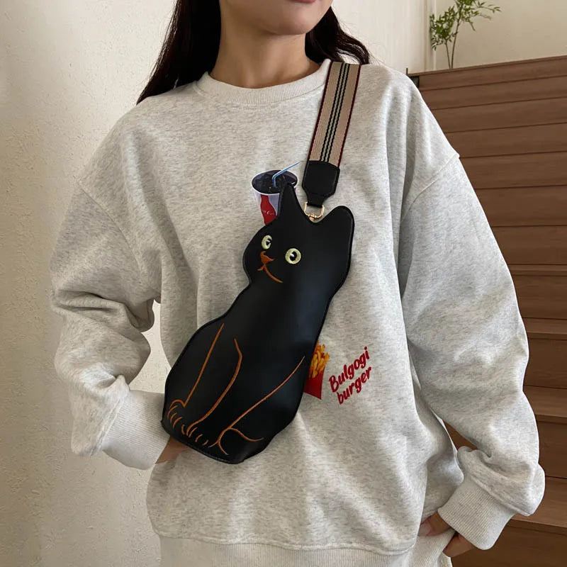 Bolso pequeño y bonito para mujer, bandolera con diseño de gato divertido, bolso de piel sintética para el pecho y la cintura