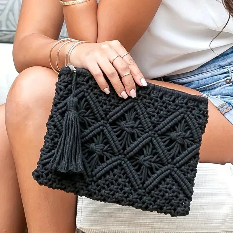 Bolso de mano tejido con cuerda de moda para mujer, bolso de mano informal con borlas huecas, bolsos de playa de verano hechos a mano 2024