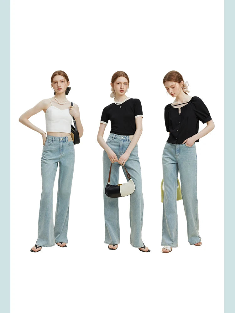 FSLE Office Lady Light Blue High Waist Small Straight Leg Jeans For Women 2023 New Summer Thin Jeans For Women Loose Causal