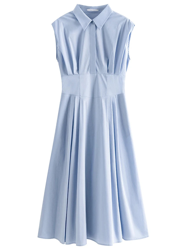 Vestido elegante sin mangas FSLE de algodón para mujer, vestido largo de verano 2024, vestido camisero minimalista azul caqui 24FS12337