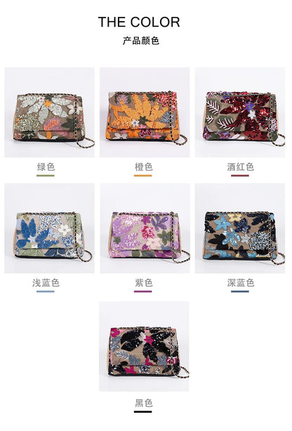 Fashion Sequins Embroidery Flap Women Shoulder Bags Chains Random Floral Pattern Crossbody Bag Casual Summer Beach Underarm Bag