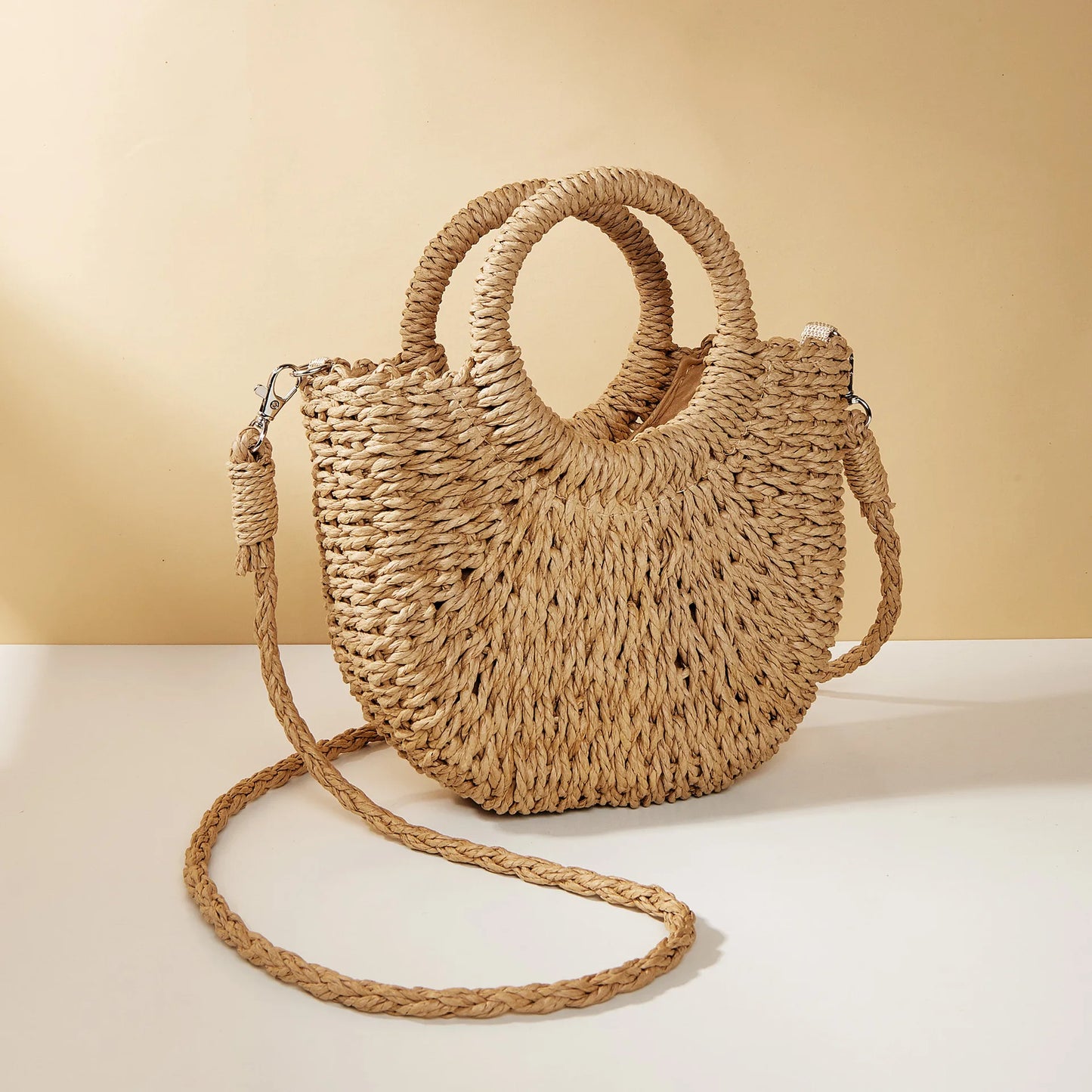 Bolso de paja estilo canasta de color caramelo informal, tejido con cuerda, para mujer, hecho a mano, para playa, para verano, pequeño, para vacaciones, 2024