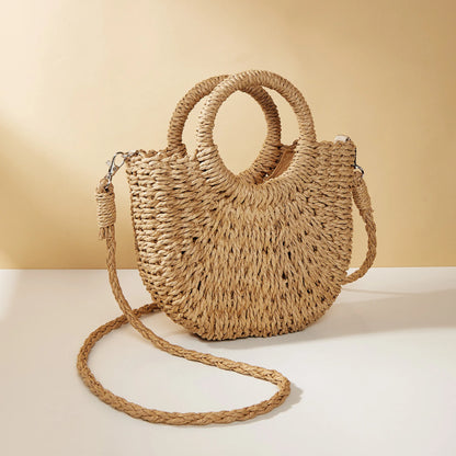 Bolso de paja estilo canasta de color caramelo informal, tejido con cuerda, para mujer, hecho a mano, para playa, para verano, pequeño, para vacaciones, 2024