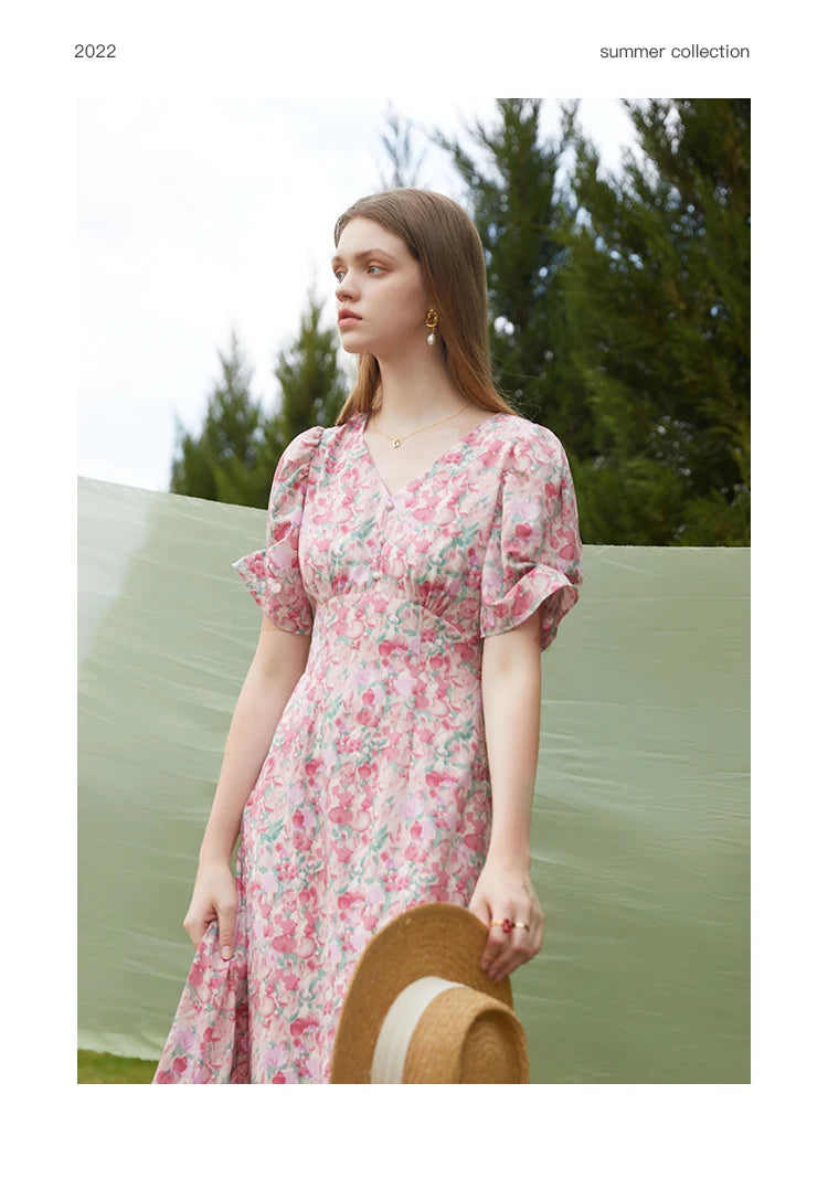 FSLE French Floral Artistic Sense Dress V-neck Elegant Retro Summer Travel Women's Dress Beach Dress 2022 New Style Two Optional