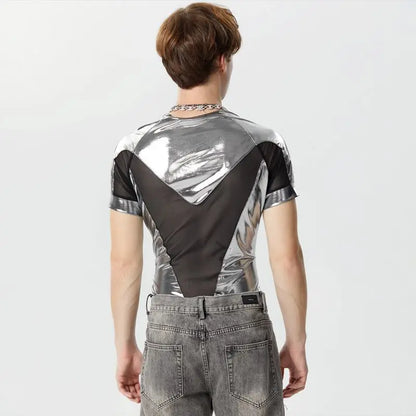 2024 Body pour hommes en maille patchwork brillant transparent col rond manches courtes barboteuses pour hommes streetwear mode body S-3XL INCERUN