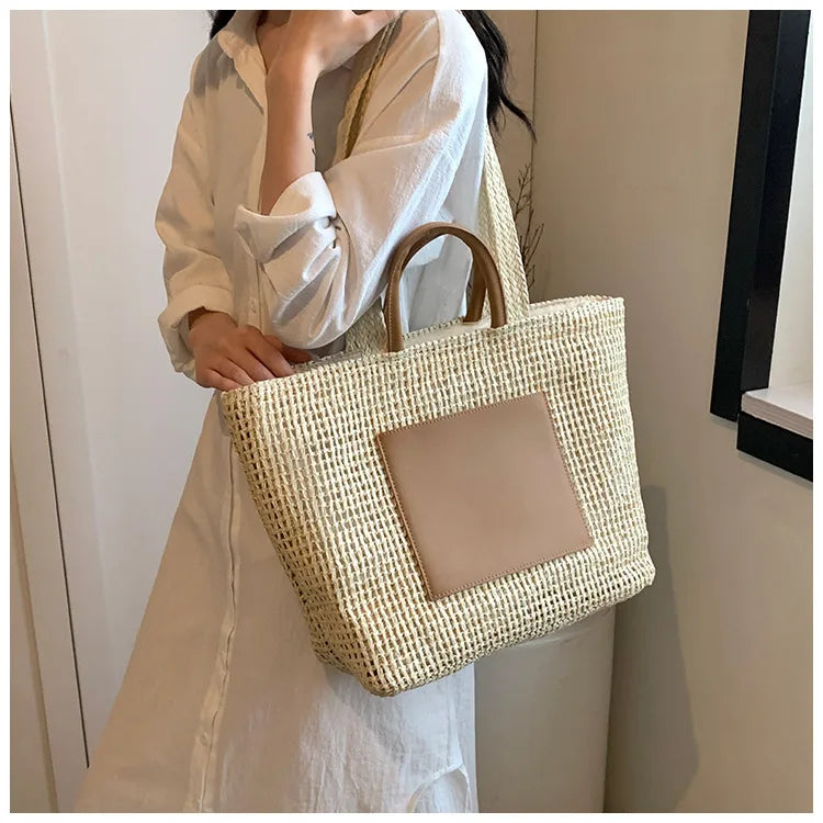 Casual Large Capacity Straw Tote Bag Hollow Paper Weave Women Shoulder Bags Handmade Summer Beach Handbag Big Bali Shopper Purse