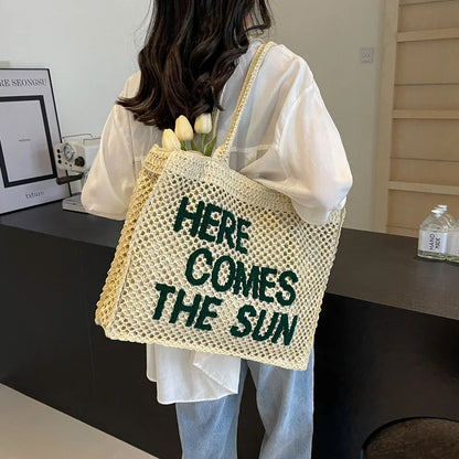 Casual Large Capacity Straw Tote Bag Summer Letters Design Weave Women Shoulder Bag Handmade Summer Beach Handbags Big Purses