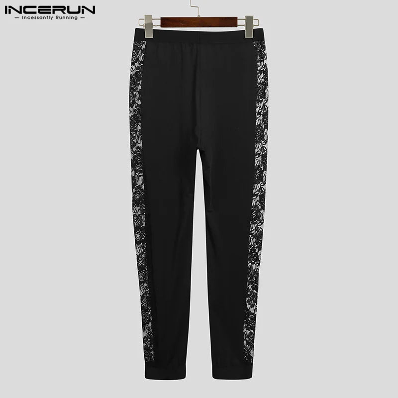 2024 Hommes Pantalons Dentelle Patchwork Sexy Taille Élastique Fitness Hommes Leggings Streetwear Transparent Mode Pantalons S-5XL INCERUN