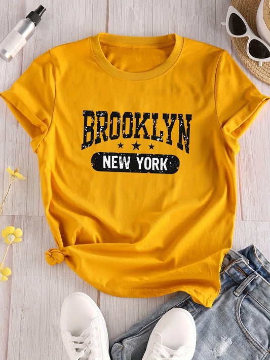 Camiseta con estampado de Brooklyn para mujer, top informal de manga corta con cuello redondo para primavera y verano, ropa para mujer, camisetas para mujer