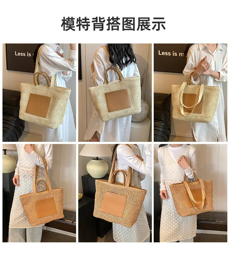 Casual Large Capacity Straw Tote Bag Hollow Paper Weave Women Shoulder Bags Handmade Summer Beach Handbag Big Bali Shopper Purse