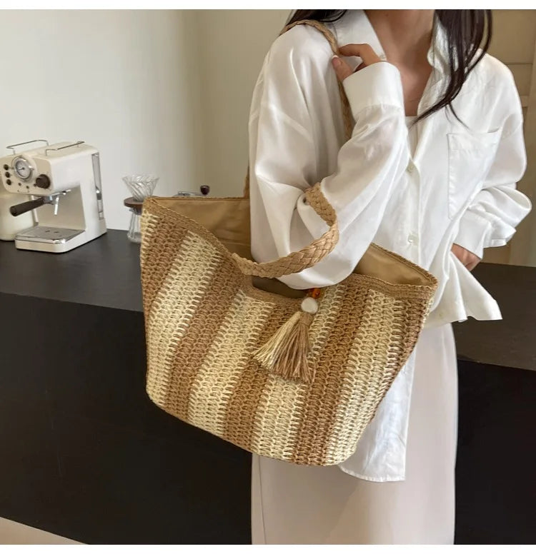 Bolso tejido de paja estilo vacaciones de verano, gran capacidad, versión coreana, tendencia occidental, bolso de hombro, bolso de mano de viaje de moda, diseñador