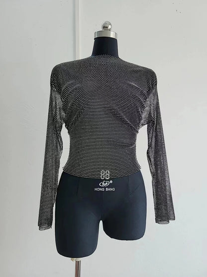 Camiseta de mujer con cristales brillantes y malla transparente con diamantes de imitación, top corto sexy transparente de manga larga ajustado para mujer, ropa de club