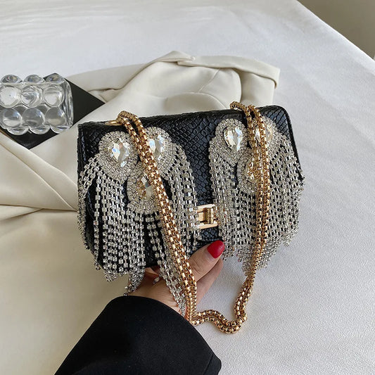 Evening Small Square Bags for Women 2023 Fashion Diamond Tassel Handbag Leather Chain Luxury Party Sparkle Shoulder Bag Woman